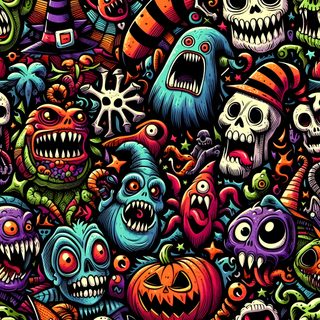 a bunch of cartoon monsters with scary faces and teeth on them, all in different colors Halloween Monster Pattern Halloween Monsters Art, Scary Monster Truck Drawing, Scary Monster Illustration, black