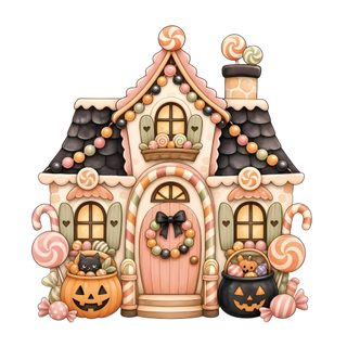 a drawing of a house decorated with candy and candies, pumpkins and jack - o'- lanterns Halloween Candy House snow