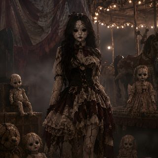 a group of creepy dolls in front of a circus tent with scary clowns around Halloween Scary Cute Girl black
