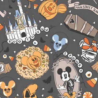 mickey mouse and pumpkins on a gray background with the castle in the distance is surrounded by other disney characters Halloween Disney Mickey Halloween, Disney Halloween, Cute Halloween Disney, dim gray