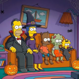 the simpsons family is sitting in their living room for halloween time with pumpkins on the floor Bart Simpson Halloween Halloween Simpsons, Simpsons Halloween Decorations, The Simpsons Halloween, dark slate gray