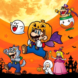 an image of some cartoon characters in front of the moon with bats and pumpkins Halloween Mario Halloween Mario Characters, Mario Ghost, Super Mario Halloween Art, chocolate