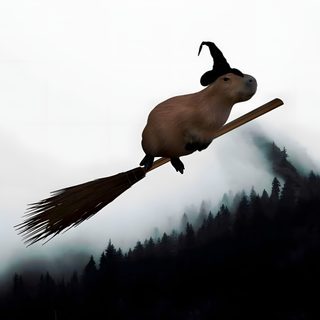 an animal on a broom flying through the air with trees in the backgroud Capybara Halloween Ghost Capybara, Capybara Halloween Drawing, Cute Halloween Capybara, light gray