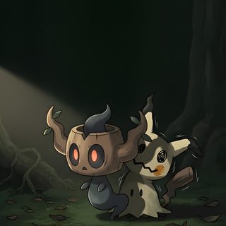 an animal with horns is standing in the dark by some leaves on the ground and another animal has it's eyes open Pokemon Halloween black
