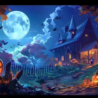 an animated halloween scene with pumpkins and bats Halloween Gift Halloween Night, Digital Wall Art, Halloween, Halloween Painting, 2880x1800, midnight blue