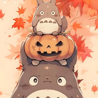 two totoros are stacked on top of each other in front of autumn leaves Totoro Halloween Cute Totoro Characters, Studio Ghibli Aesthetic Totoro, Studio Ghibli Fall, dark salmon