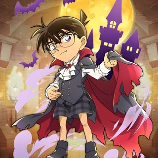 an anime character with a red cape and black hair, standing in front of a full moon Detective Conan Halloween Detective Conan Zombie, Conan Halloween, Detective Conan Halloween Bride, sienna