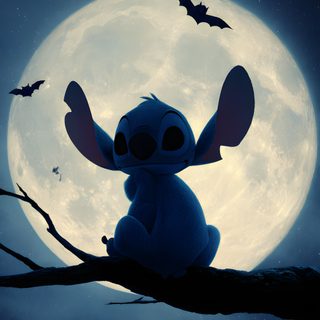 a cartoon character sitting on top of a tree branch in front of a full moon Lock Screen Stitch Halloween Stitch Moon, Stitch Halloween For Ipad, Stitch Halloween Iphone, dark slate gray