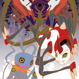 an image of two anime characters in front of a clock Digimon Halloween Diaboromon Movie, Dokunemon Evolution Line, Diaboromon Evolution, Diaboromon Art, indian red