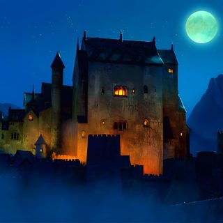 a castle in the night with a full moon behind it Bing Halloween Hotel Transylvania Building, Transylvania Castle Dracula, Hotel Transylvania House, midnight blue