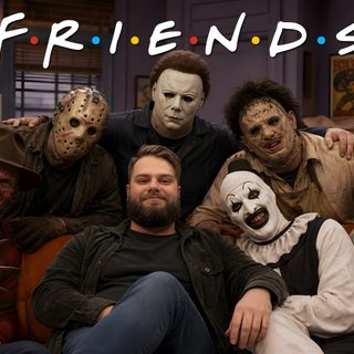 a group of people sitting next to each other on a couch with the caption friends Halloween Horror Friends dark slate gray
