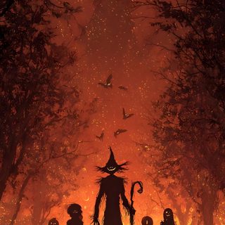 a group of people standing in the middle of a forest with pumpkins on it Halloween The Game Scary Fall Background, Background Trick R Treat, Scary Halloween Backgrounds, maroon