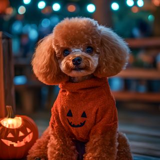 a poodle in a pumpkin costume sitting next to a jack - o'- lantern Halloween Poodle Cute Halloween Puppy, Cute Dog Halloween, Halloween Background With Dog, dark slate gray
