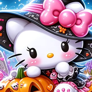 a hello kitty halloween wallpaper with pumpkins and cats in the background, all dressed up Hello Kitty Halloween Aesthetic rosy brown