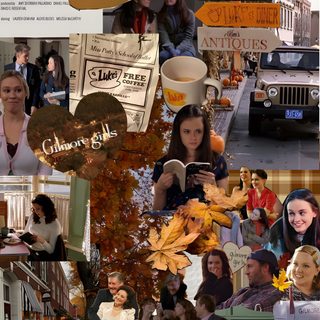 the collage shows many different people and things Gilmore Girls Halloween Lukes Diner, Stars Hollow Gilmore Girls, Gilmore Girls Luke, dark olive green