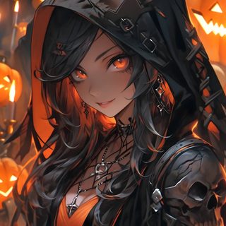 a woman dressed as a witch standing in front of pumpkins Halloween Anime 4k Color, dark slate gray