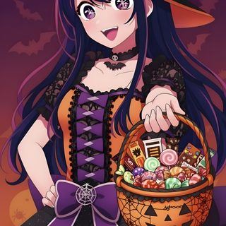 a woman in a witch costume holding a basket full of halloween candies and candy Oshi No Ko Halloween dark slate gray