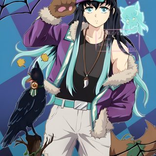 an anime character is standing in front of a blue background Halloween Muichiro Art Memes, Criaturas Míticas, Anime Shows, Anime Demon, slate gray