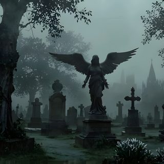 an angel statue in the middle of a graveyard with tombstones and trees around it Dark Halloween Aesthetic Laptop Goth Laptop, Gothic Background, Laptop, Mlg, dark slate gray