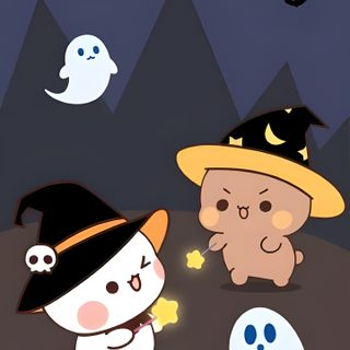 two cartoon characters dressed up as witches and ghost Bubu Dudu Halloween Funny Doodles, Chibi Drawings, Iphone Disney Princess, dark slate gray