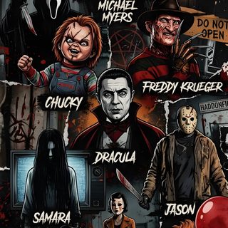 a poster with many different characters and names on it's sides, including clowns Halloween Movies Halloween Horror, Halloween Camping, Scary Movie Characters, Horror Pictures, black