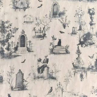 a black and white wallpaper with lots of different things on it Halloween Toile Gothic Halloween, Halloween Table Linens, Halloween Pattern, Spooky House, light gray