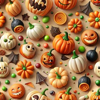 many different pumpkins and jack - o'- lanterns are arranged on the wall Halloween Pumpkins Non Traditional Halloween Dollhouse, Halloween Food, 3d Halloween, peru