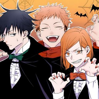 two anime characters are posing for the camera with their hands up in front of them Jujutsu Kaisen Halloween Anime Group, Juju On That Beat, Anime Halloween, Halloween Icons, Anime Mangas, peru