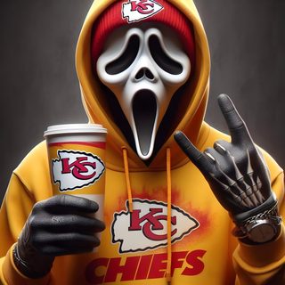 a person in a yellow hoodie with a red and white mask holding a drink Chiefs Halloween Chiefs Profile Picture, Mahomes Grim Reaper, Chiefs Pics, dark olive green