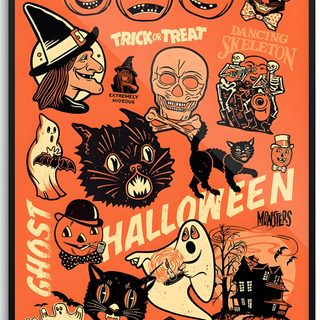 an orange halloween poster with lots of pumpkins, ghost and other items on it Beistle Halloween Vintage Halloween Clipart, Halloween Retro, 1950s Halloween, Vintage Halloween Cards, tomato