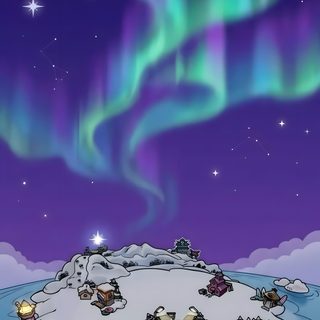 an image of the northern lights in the sky over a snow covered island with cars parked on it Club Penguin Halloween dark slate blue