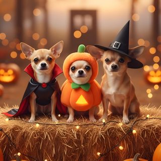 three chihuahuas dressed up in halloween costumes sitting on hay with pumpkins around them Halloween Chihuahua Cute Chihuahua, Dog Halloween Costumes, Chihuahua Dogs, Friends Show, sienna