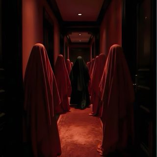 a long hallway with red carpet and curtains on the walls, leading to another room Halloween Hallway Horror Hotel Pictures, Horror Hotels, Horror Movie With Twins In Hallway, black