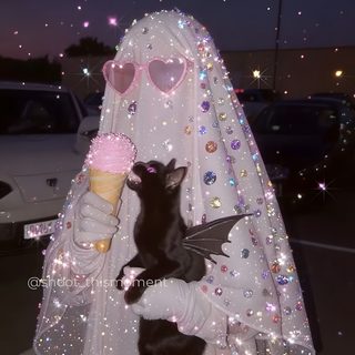 a black cat sitting on top of a woman's head while holding an ice cream cone Cute Glitter Halloween Bat Costume, Halloween 20, Glitter Art, Grunge Style, Witch Aesthetic, dark slate gray
