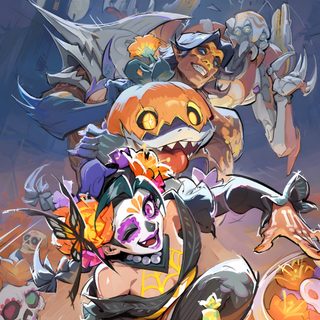 an image of a group of cartoon characters with pumpkins and skulls on the ground Overwatch Halloween Overwatch Halloween, Hero Arts, Marvel Rivals Art, Halloween Overwatch Skins, dim gray