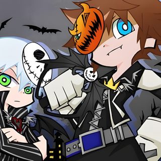two anime characters standing next to each other in front of bats and pumpkins on the ground Kingdom Hearts Halloween Sora Jack Skellington, Sora And Jack Skellington, Sora Nightmare Before Christmas, dark olive green