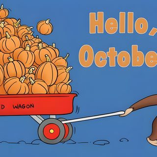 a monkey pulling a wagon full of pumpkins with the words hello october written on it Curious George Ipad Halloween Curios George Background Fall, Curious George Halloween, Fall Background Curious George, steel blue
