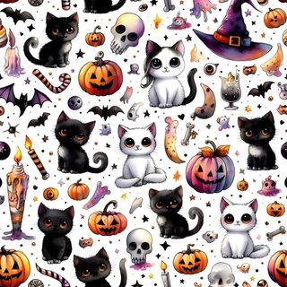a white background with black cats and pumpkins on it, all in different colors Halloween Cats Bats Owls Spiders Sm Halloween Cat Background, Cute Cats Halloween, Halloween Kitties, linen