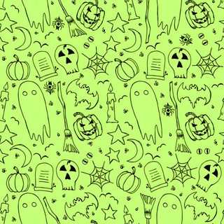 a green background with black and white doodles on it, all in different shapes Cute Green Halloween Cute Green Halloween, Aesthetic Green Halloween Background, Dark Green Halloween,