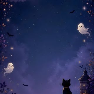 a black cat sitting on top of a roof next to a full moon and bats Halloween Blue midnight blue