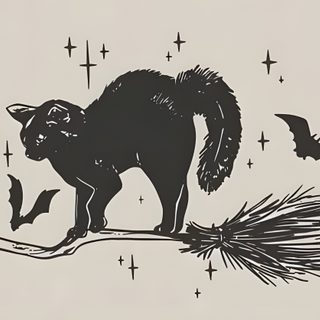 a cat on a broom with bats flying around Halloween Witch Cat Halloween Aesthetic Laptop, Halloween Backgrounds Ipad, Halloween Ipad Horizontal, light gray