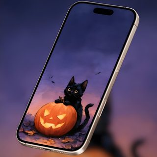 a cat sitting on top of a pumpkin next to a cell phone with an image of a cat in the screen Modern Smartphone With Halloween dark slate gray