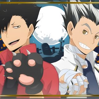 two anime characters holding their hands up in front of a full moon and bats background Haikyuu Halloween Haikyuu Halloween Pfp, Haikyuu Halloween Icons, Halloween Haikyuu, dim gray
