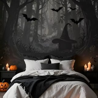 a bedroom decorated in black and white with halloween decorations Halloween Witch For Bedroom Witchy Bedroom Ideas, Witchy Bedroom, Aesthetic Space, dark slate gray