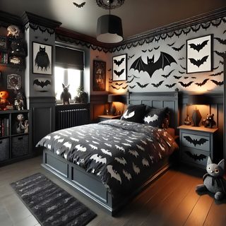 a bedroom decorated in black and white with bats on the wall Halloween Bat For Bedroom Dracula In Bed, Dracula Bedroom, Dracula Mirror, dark slate gray