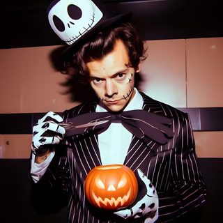 a man dressed as jack skellingy holding a pumpkin Harry Styles Happy Halloween Iphone Harry Styles In Costume, Harry Styles Fine Line Costume, Harry Styles Pumpkin, dark slate gray
