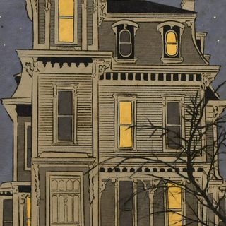 an old house with the moon in the background Vintage Halloween Haunted House Phone Backgrounds Aesthetic Vintage, Vintage Halloween Pictures, Vintage Halloween Phone, dim gray
