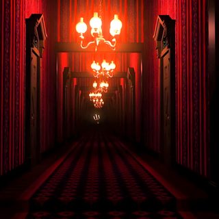 an image of a hallway with chandelier and red light coming from the ceiling Halloween Haunted Hotel Haunted Hotel Background, Horror Hotel Background, Phantom Manor Endless Hallway, black
