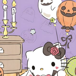 hello kitty is sitting on the floor in front of halloween decorations and pumpkins, Sanrio Hello Kitty Halloween Hello Kitty Halloween, Hello Kitty Iphone Halloween, Hello Kitty And Friends Halloween, silver