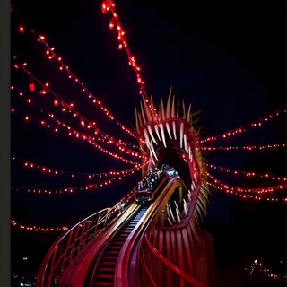 the train is going down the tracks in the night time scene with red lights on it Halloween Roller Coaster New York New York Roller Coaster At Night, Roller Coaster, Roller Coaster Iphone, black